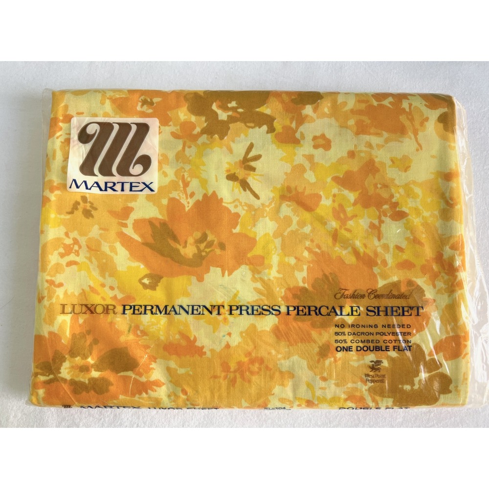 Vintage Martex Luxor Yellow Floral Double Sheet Set New Old Stock 70s Percale